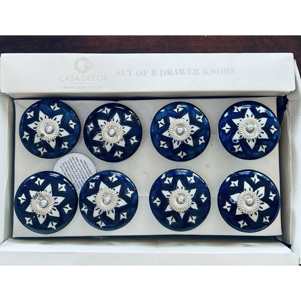 Set 8 Casa Decor Ceramic Drawer‎ Cabinet Pull Knobs Handmade Blue Polish Pottery